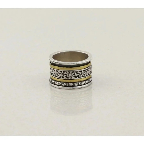 Sterling Silver & Brass Flower Spinner Ring Thick Band Cigar Ring Silpada Size 8 - Picture 1 of 7